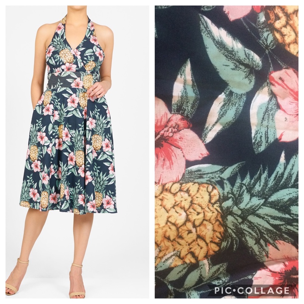 eShakti Floral Halter Dress - Navy, Pink, Green